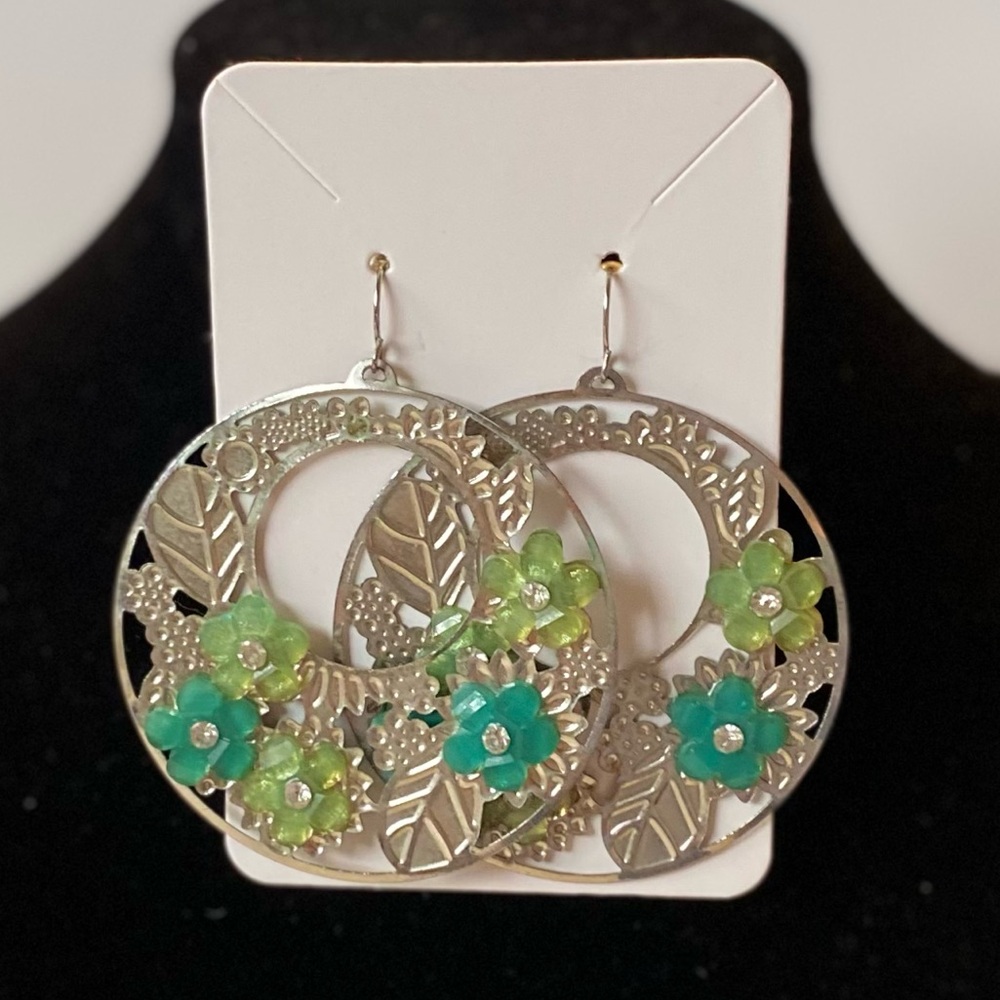 3/$15 Boho Floral Silvertone and Shades of Green Floral Statement Earrings
